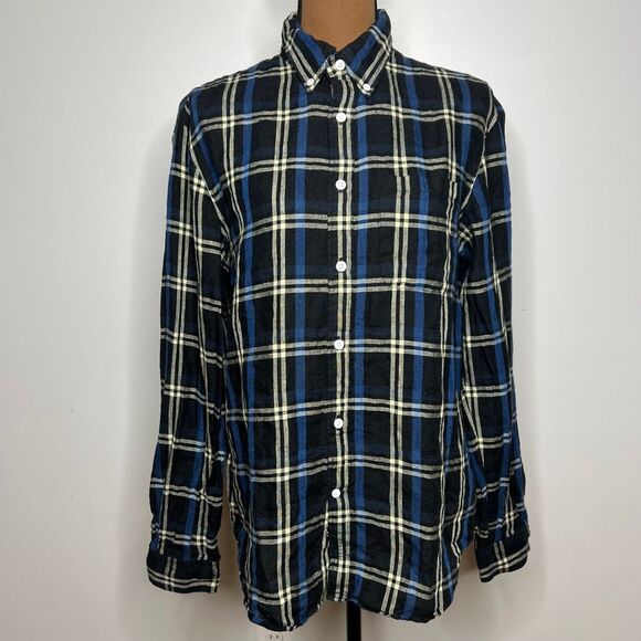 Club Monaco Black Multi Long Sleeve Plaid 100% Linen Button Up Shirt Mens Medium - Picture 7 of 14